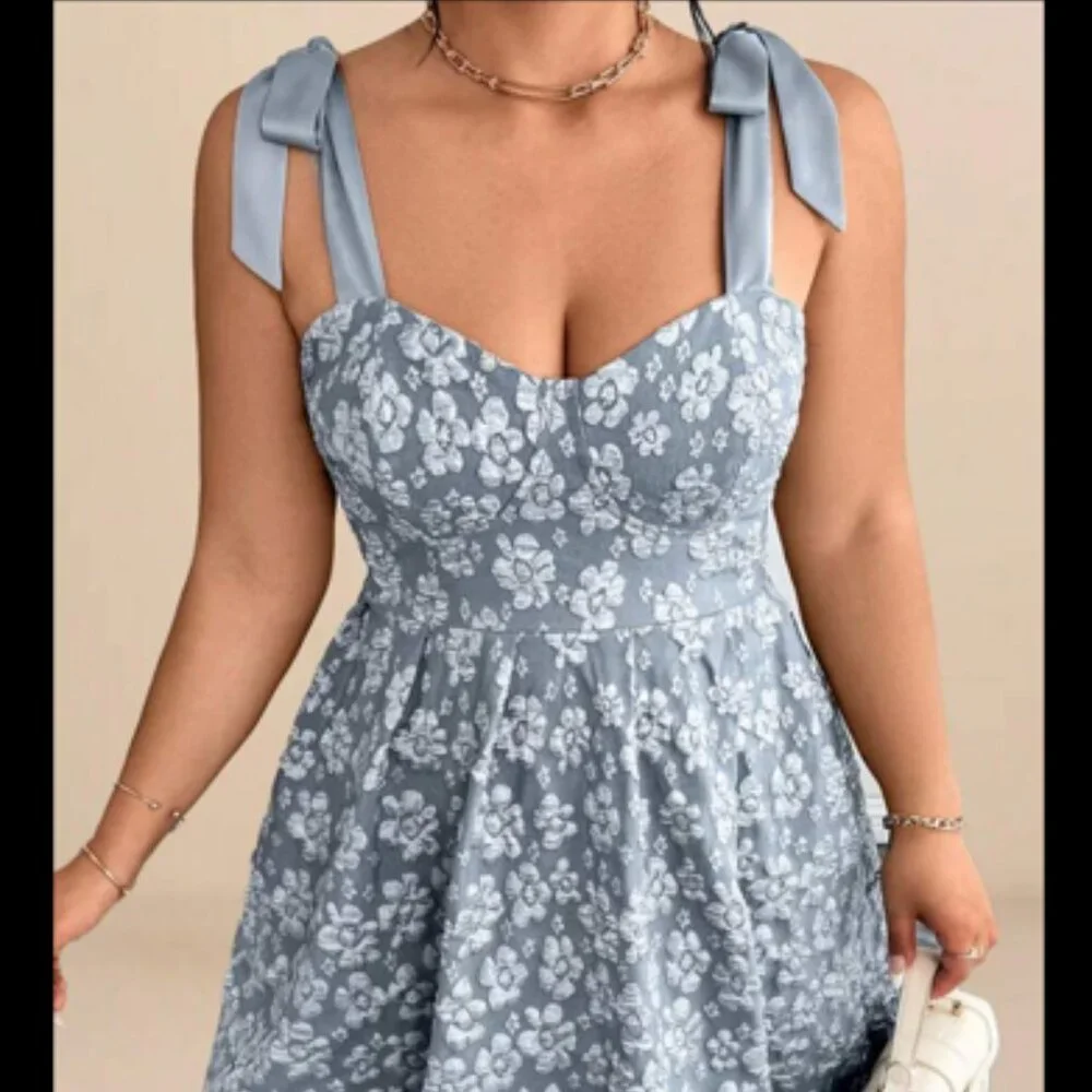 Dusty Blue Corset top Bow-tie Embossed Fit-and-Flare Midi Dress 0XL